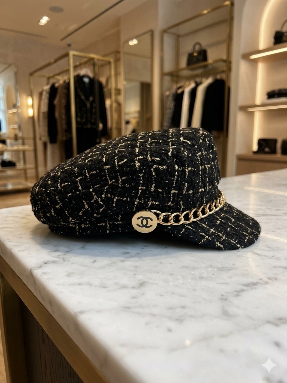 NWOT Black Tweed Cap with Gold Chain, Buttons and White Camellia